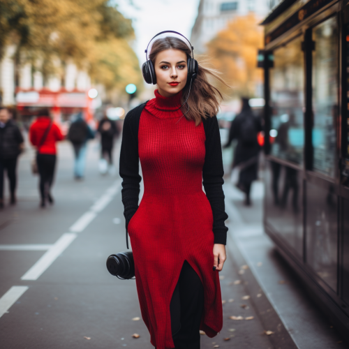 Independent girl walking London street in red midi dress