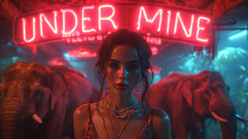 Indian adult elephants in underground bar singing woman