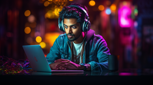 Young man using music laptop intensively