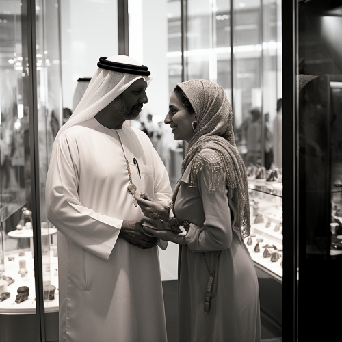 Indian couple buying jewelry at Emirates Mall Indian couple buying jewelry at Emirates Mall