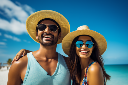Smiling Indian couple on beach with sunglasses and hat