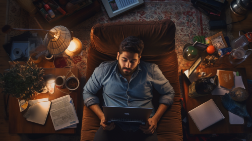 Focused Indian-American Man with Laptop and Work Focused Indian-American Man with Laptop and Work