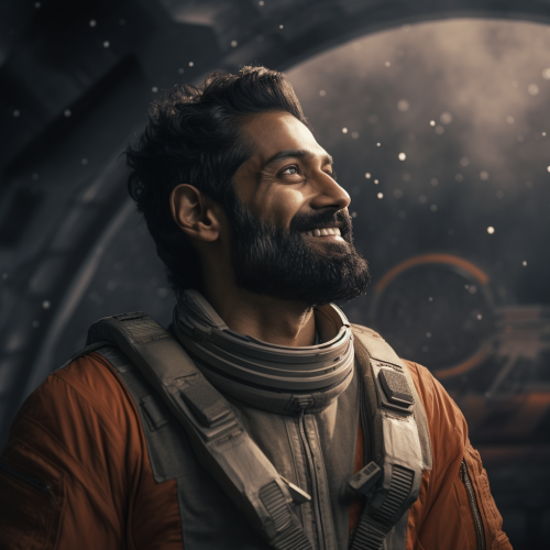 Indian male with large beard on space adventure