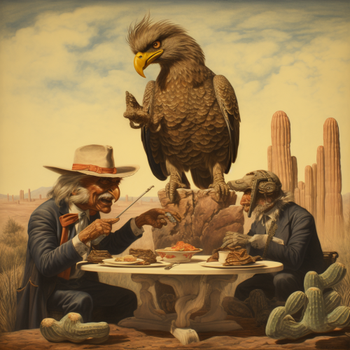 Indigenous Mexicans staring at eagle in Mexico desert