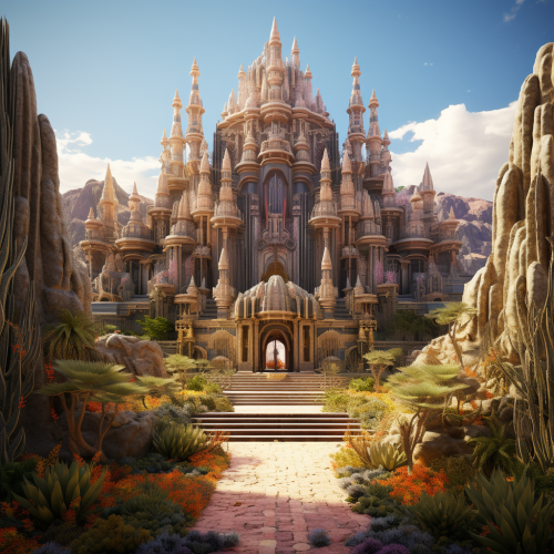Realistic Indonesian Hindu Temple in Desert with Cacti