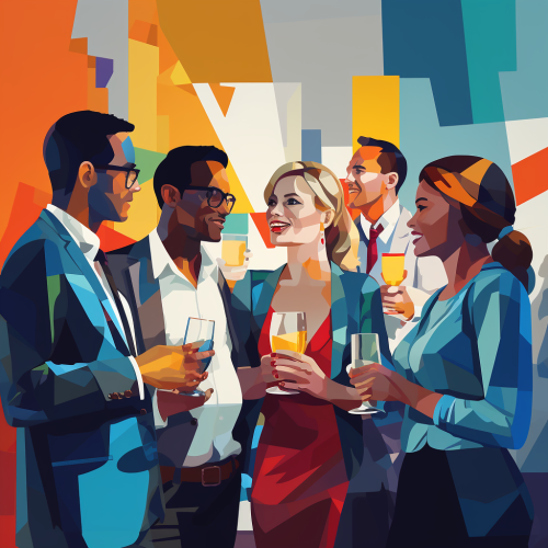 Group of people collaborating at tech networking event  ? Group of people collaborating at tech networking event  ?