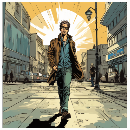 Inspired man walking in street with brilliant idea