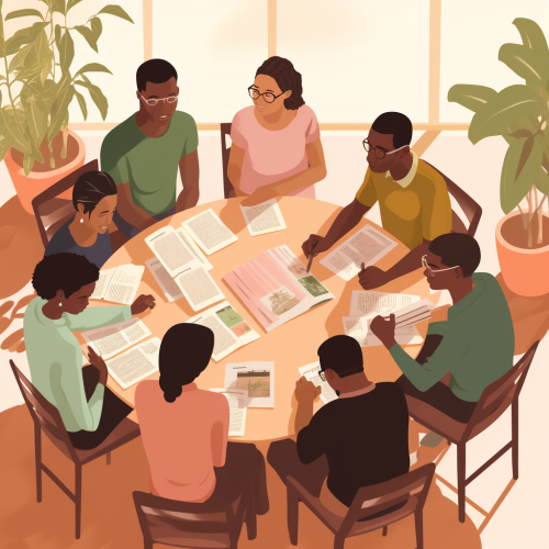 People gathering with educational materials