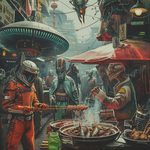 Alien marketplace traveler tasting alien meats