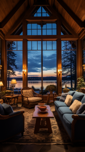 Spacious sitting room in lake house with autumn view