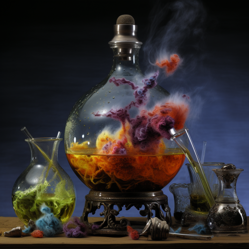 Colorful swirling steam in beakers Colorful swirling steam in beakers