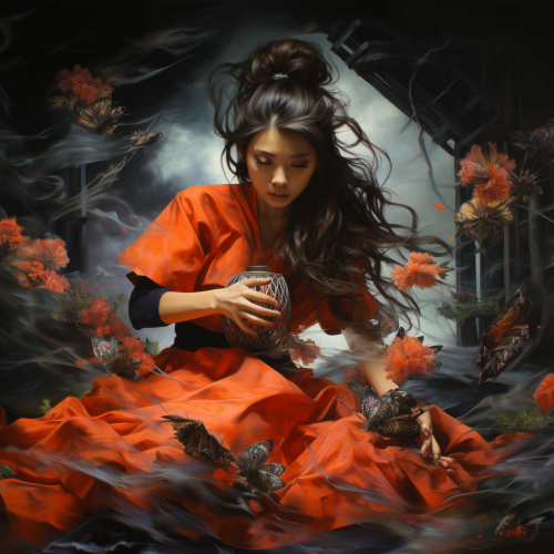 Woman in Lab Jacket in Otherworldly Environment with Cicada Flowers