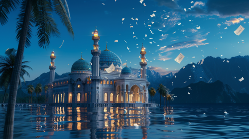 mosque papers flying night scene mosque papers flying night scene