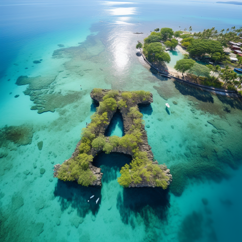 Aerial photo of island with white beaches forming the letter A