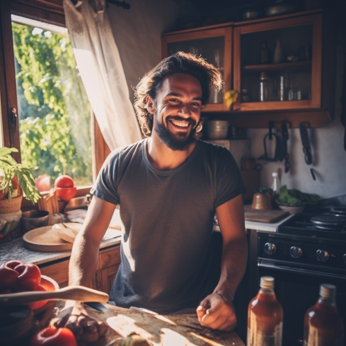Italian guy cooking ragù with a smile