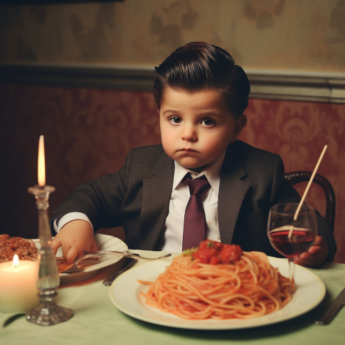 Adorable baby boy enjoying spaghetti