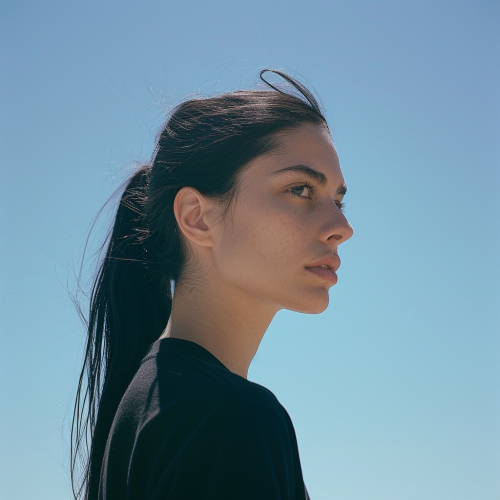 Italian woman with long black hair and ponytail against blue sky