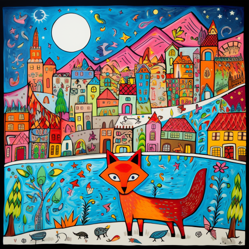 Vibrant fox in James Rizzi style