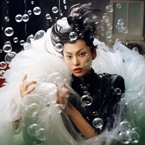 Japan top model washing hair with elegant bubble shampoo