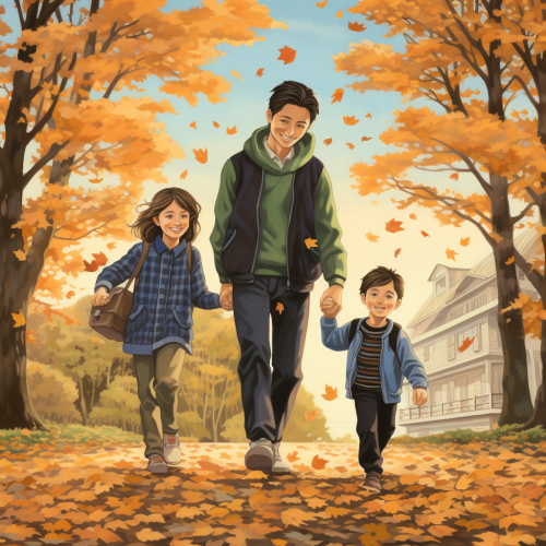 Smiling Japanese Family Walking in Leaves