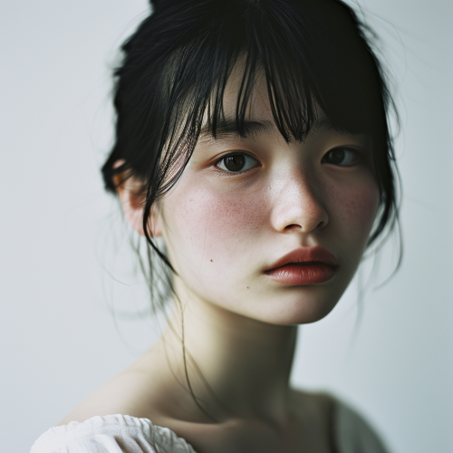 Stunning Japanese girl on white background (6 words).