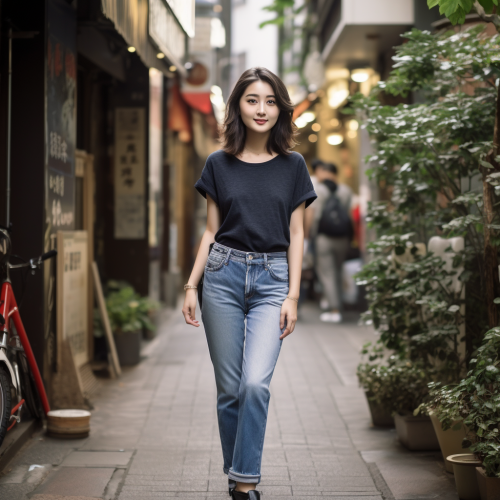 Stylish Japanese girl in tapered denim jeans