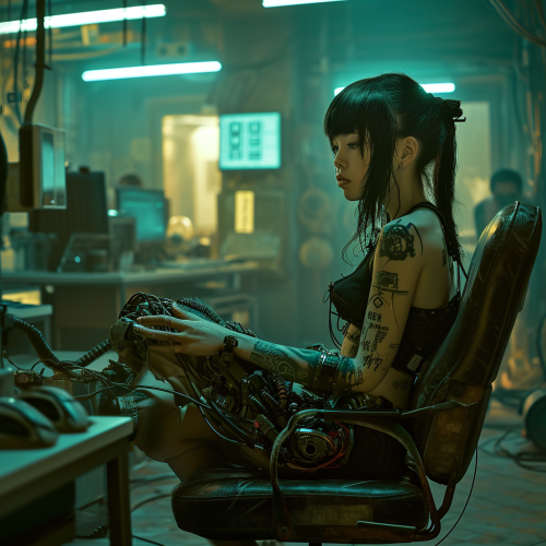 Japanese girl working on broken android chair