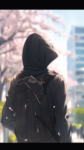 Japanese guy in black hoodie with cherry blossom trees