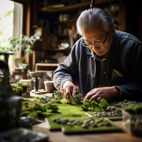 Japanese man crafting delicate moss arrangement
