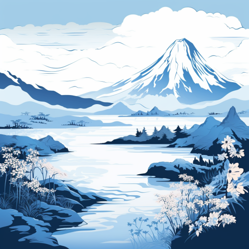 Realistic Japanese Mountain Illustration in Blue and White