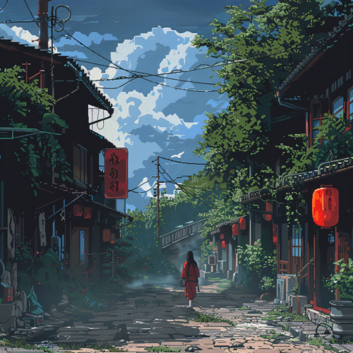 Japanese style pixel art game scene