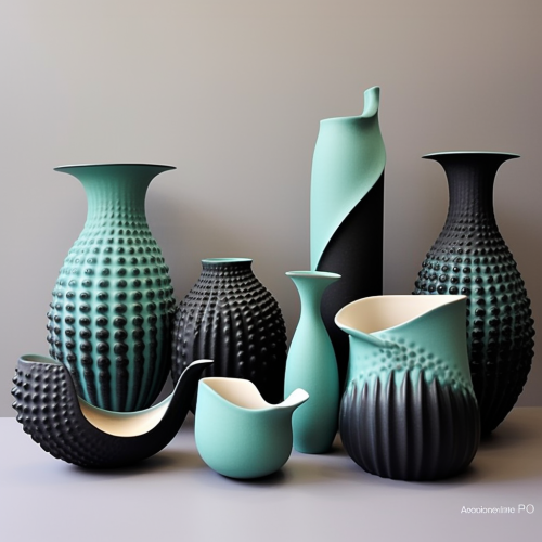 Japanese pottery shapes in black, cyan, green