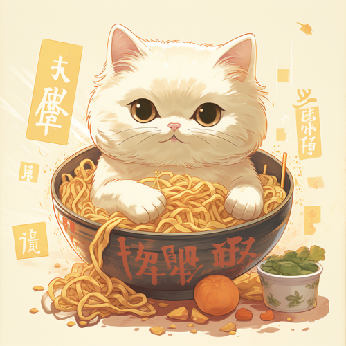 Cartoon cat enjoying Japanese ramen noodles