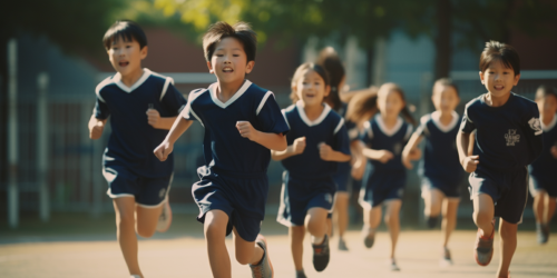 Elementary students running at Japanese school