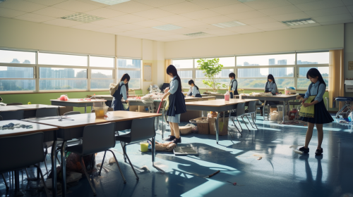 Smiling Japanese School Students Cleaning Classroom Smiling Japanese School Students Cleaning Classroom