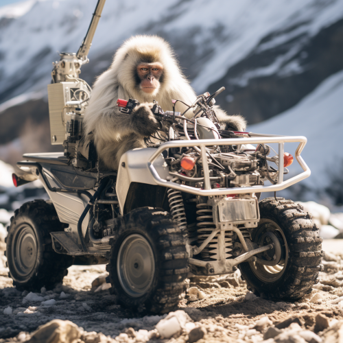 Japanese Snow Monkey Admiring UTV Side-by-Side Vehicle