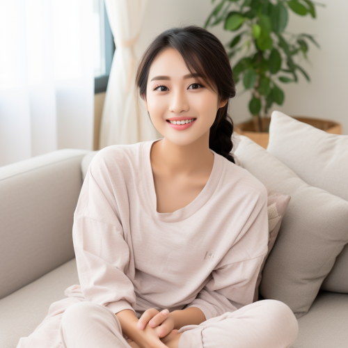 Japanese woman in cute loungewear smiling on sofa