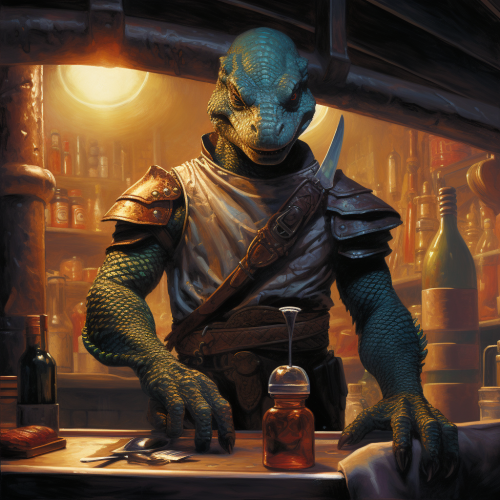 Lizard warrior serving cheeseburgers at a dark tavern