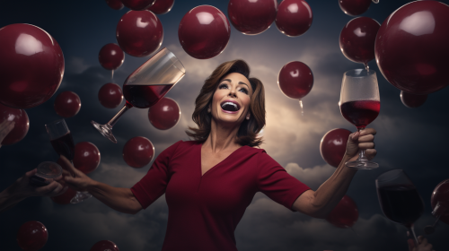 Jeanine Pirro juggling glasses of red wine