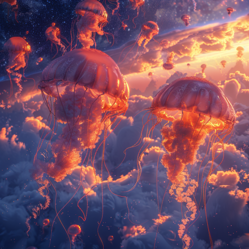 Group of jellyfish above clouds Group of jellyfish above clouds