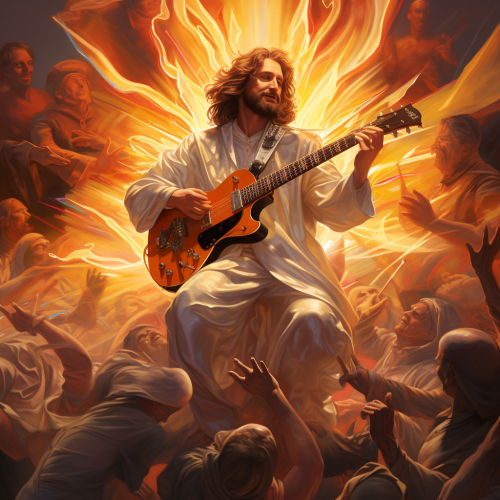 Handsome Jesus Christ playing electric guitar in a band