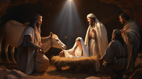Jesus in a Manger with Mary, Joseph, and Goats