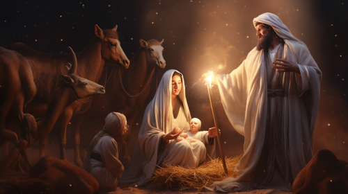 Jesus in a manger with Mary, Joseph and goats