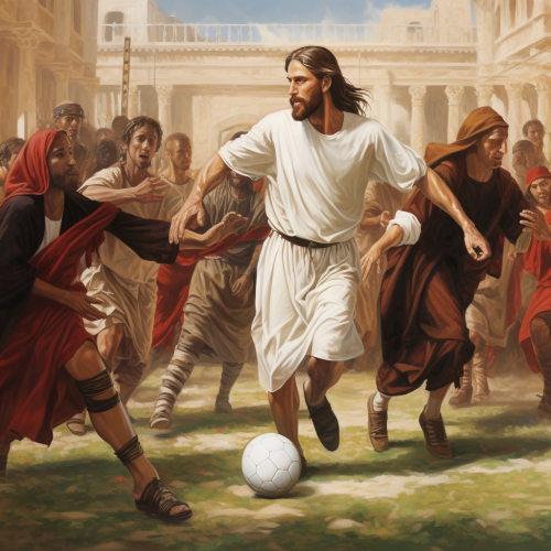 Jesus playing soccer with religious leaders