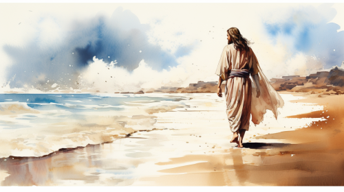 Watercolor painting of Jesus walking along a beach