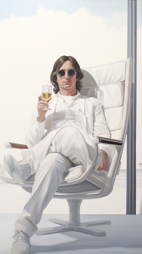 John Lennon sitting in white chair with utopian city