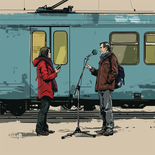 Journalist interviewing citizen with microphone