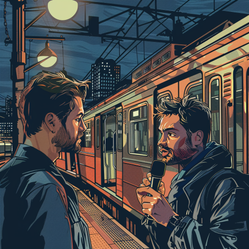 Journalist interviewing citizen train city Journalist interviewing citizen train city