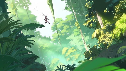 Person jumping over lush rainforest