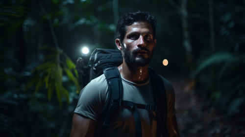 Up-close view of jungle exploration with flashlight Up-close view of jungle exploration with flashlight